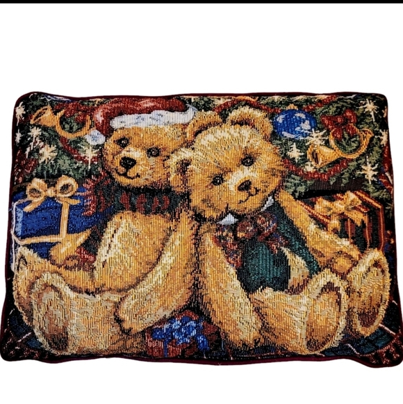 unbranded Other - Christmas Bears Pillow Tapestry Burgundy Needlework Design Holiday Decor 16 X 12